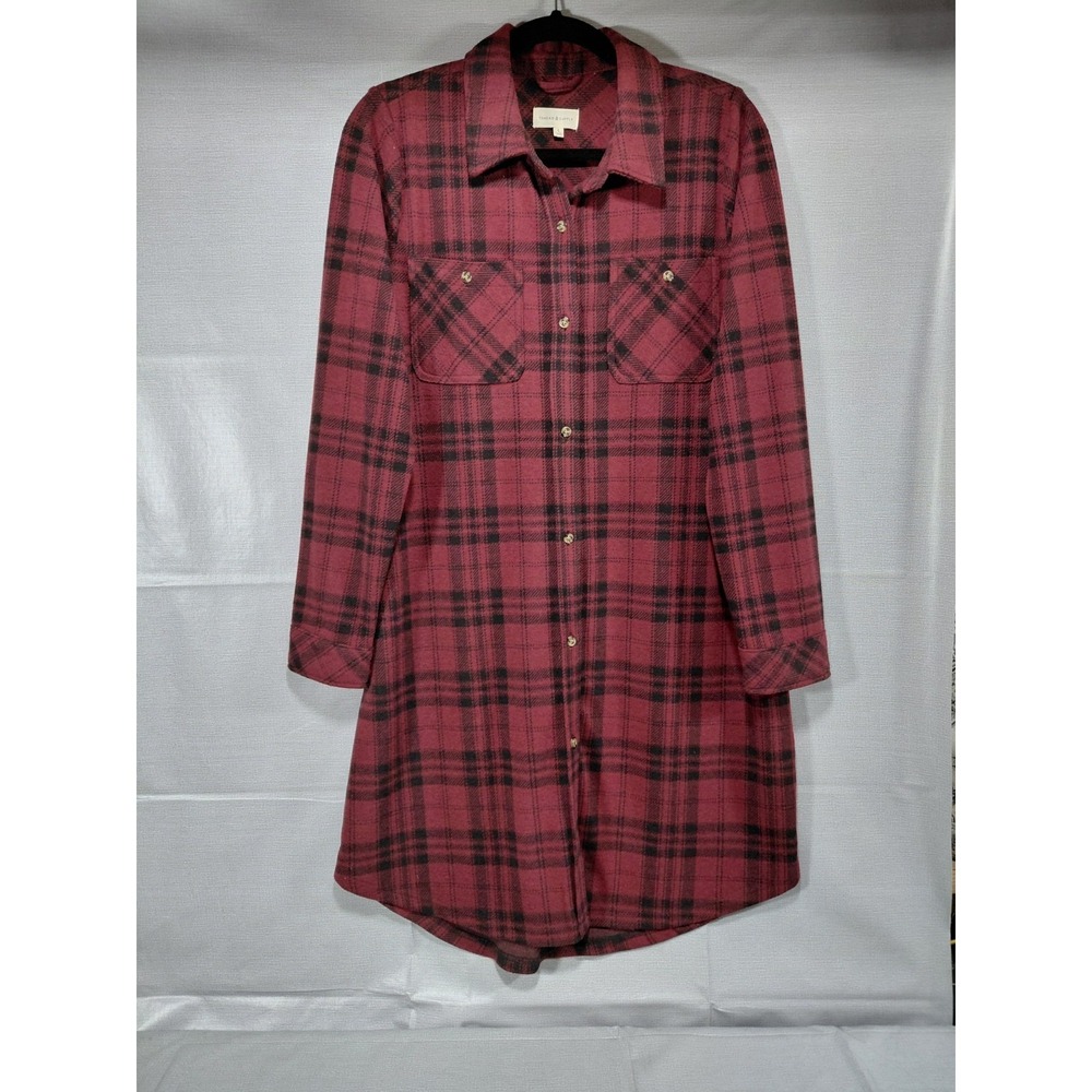 Thread & Supply Fleece Button Down Shirt Dress LG Long Coat Burgundy Plaid